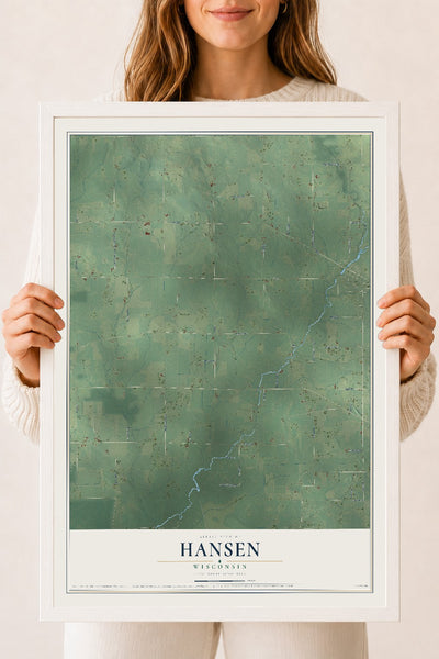 Map of Hansen, Wisconsin, 18 x 24 inch print in a white wood frame