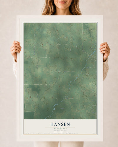 Map of Hansen, Wisconsin, 24 x 36 inch print in a white wood frame