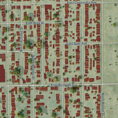 Close-up of the map of Harambee, Wisconsin print showing street and building detail