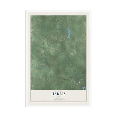 Map of Harris, Wisconsin, 12 x 18 inch print in a white wood frame