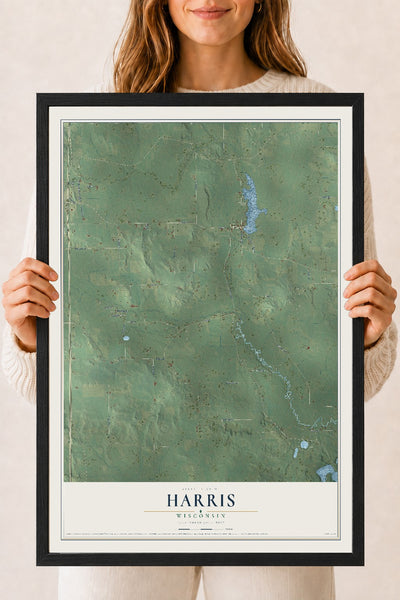 Map of Harris, Wisconsin, 18 x 24 inch print in a black wood frame