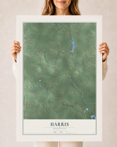 Map of Harris, Wisconsin, 24 x 36 inch print in a white wood frame