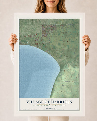 Map of Harrison, Wisconsin, 24 x 36 inch print in a white wood frame