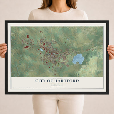 Map of Hartford, Wisconsin, 18 x 24 inch print in a black wood frame