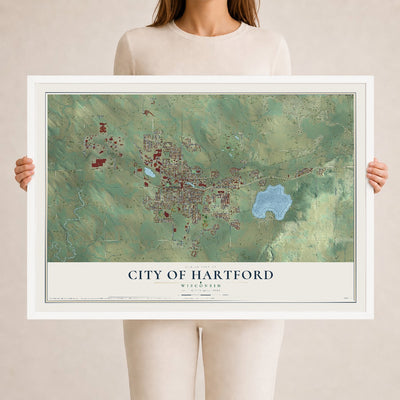 Map of Hartford, Wisconsin, 24 x 36 inch print in a white wood frame