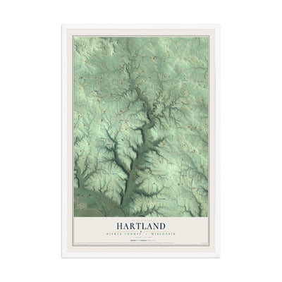 Map of Hartland, Pierce County, Wisconsin, 12 x 18 inch print in a white wood frame