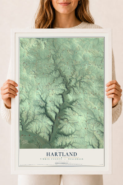 Map of Hartland, Pierce County, Wisconsin, 18 x 24 inch print in a white wood frame