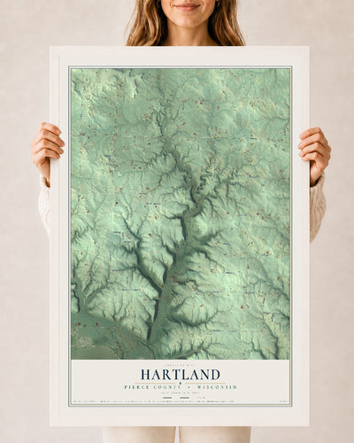 Map of Hartland, Pierce County, Wisconsin, 24 x 36 inch print in a white wood frame