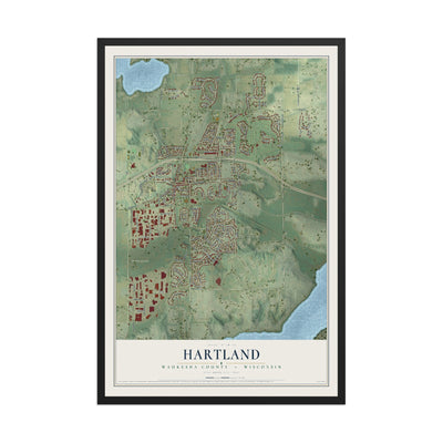 Map of Hartland, Waukesha County, Wisconsin, 12 x 18 inch print in a black wood frame