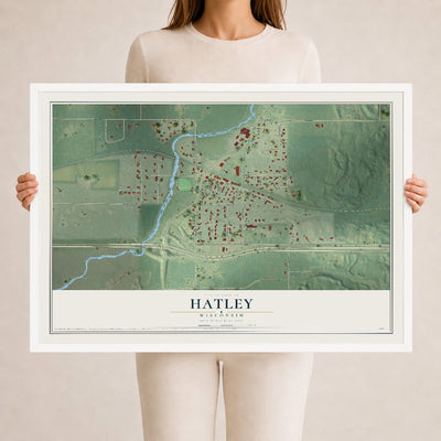 Map of Hatley, Wisconsin, 24 x 36 inch print in a white wood frame