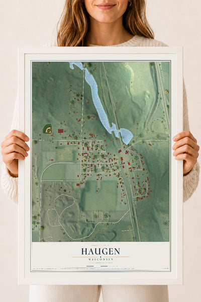Map of Haugen, Wisconsin, 18 x 24 inch print in a white wood frame