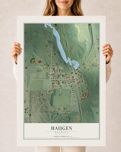 Map of Haugen, Wisconsin, 24 x 36 inch print in a white wood frame