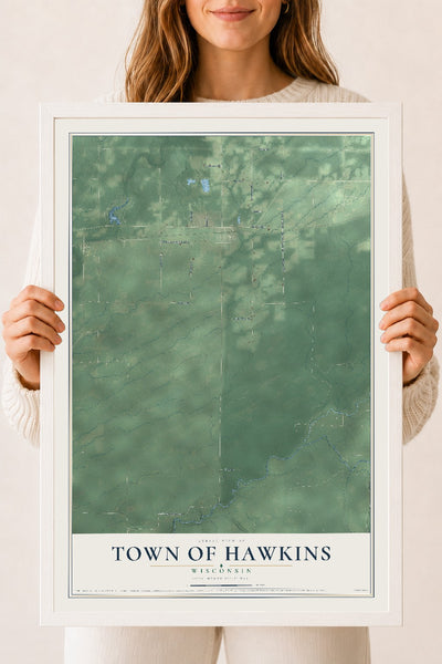 Map of the Town of Hawkins, Wisconsin, 18 x 24 inch print in a white wood frame