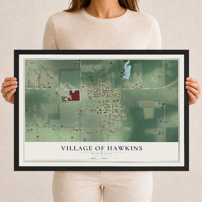 Map of Hawkins, Wisconsin, 12 x 18 inch print in a black wood frame