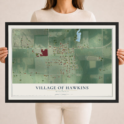 Map of Hawkins, Wisconsin, 18 x 24 inch print in a black wood frame