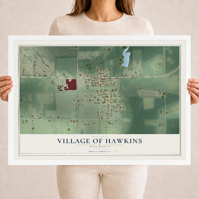 Map of Hawkins, Wisconsin, 18 x 24 inch print in a white wood frame