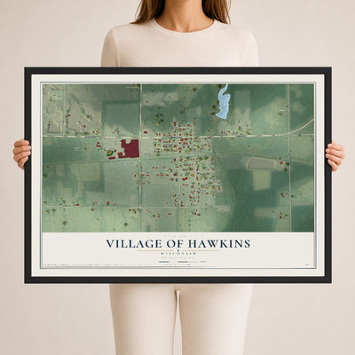 Map of Hawkins, Wisconsin, 24 x 36 inch print in a black wood frame