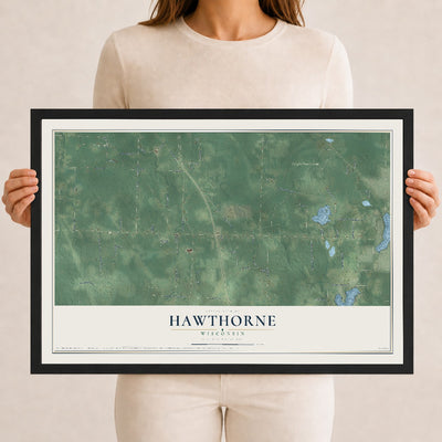 Map of Hawthorne, Wisconsin, 12 x 18 inch print in a black wood frame