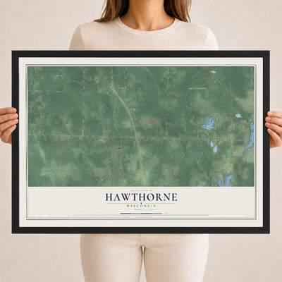 Map of Hawthorne, Wisconsin, 18 x 24 inch print in a black wood frame