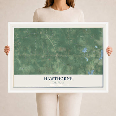 Map of Hawthorne, Wisconsin, 24 x 36 inch print in a white wood frame
