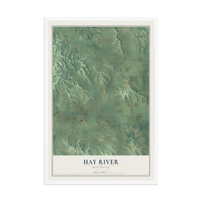 Map of Hay River, Wisconsin, 12 x 18 inch print in a white wood frame