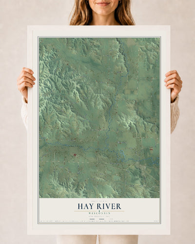 Map of Hay River, Wisconsin, 24 x 36 inch print in a white wood frame