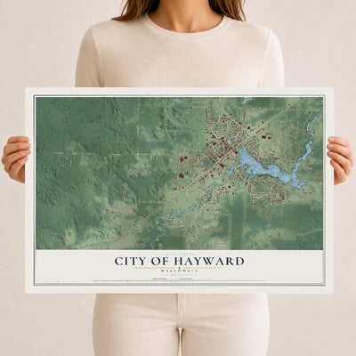 Map of Hayward, Wisconsin, 12 x 18 inch unframed archival matte print