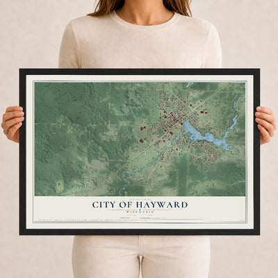 Map of Hayward, Wisconsin, 12 x 18 inch print in a black wood frame