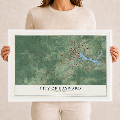 Map of Hayward, Wisconsin, 12 x 18 inch print in a white wood frame