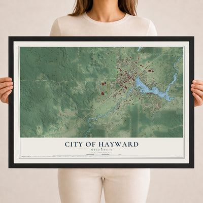 Map of Hayward, Wisconsin, 18 x 24 inch print in a black wood frame
