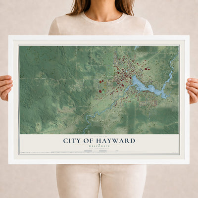 Map of Hayward, Wisconsin, 18 x 24 inch print in a white wood frame