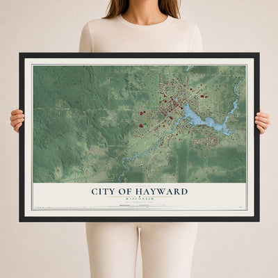 Map of Hayward, Wisconsin, 24 x 36 inch print in a black wood frame