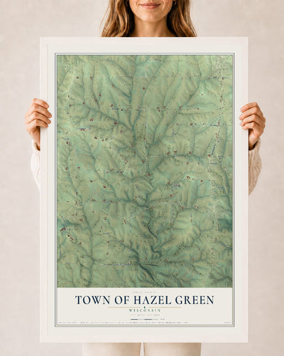 Map of the Town of Hazel Green, Wisconsin, 24 x 36 inch print in a white wood frame