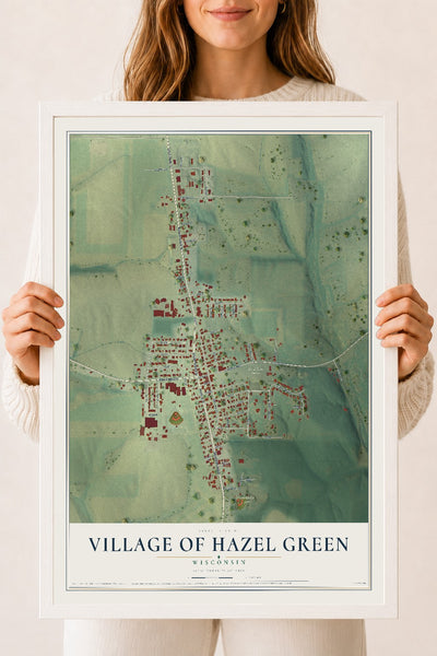 Map of Hazel Green, Wisconsin, 18 x 24 inch print in a white wood frame