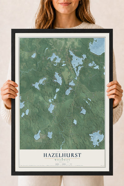 Map of Hazelhurst, Wisconsin, 18 x 24 inch print in a black wood frame