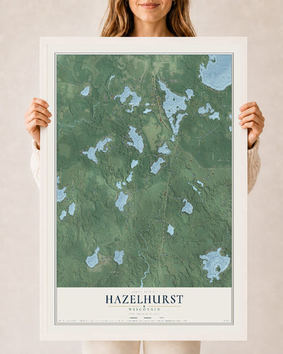 Map of Hazelhurst, Wisconsin, 24 x 36 inch print in a white wood frame