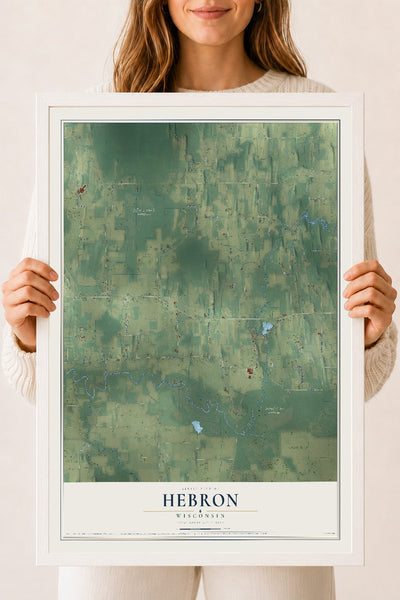 Map of Hebron, Wisconsin, 18 x 24 inch print in a white wood frame
