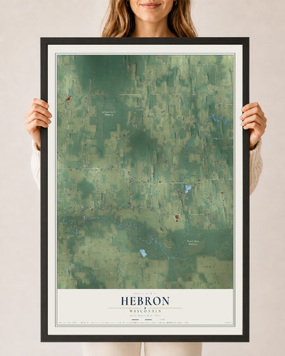 Map of Hebron, Wisconsin, 24 x 36 inch print in a black wood frame