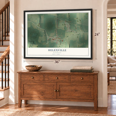 Helenville, Wisconsin map, 24 x 36 inch print in a black frame above a dresser by a staircase