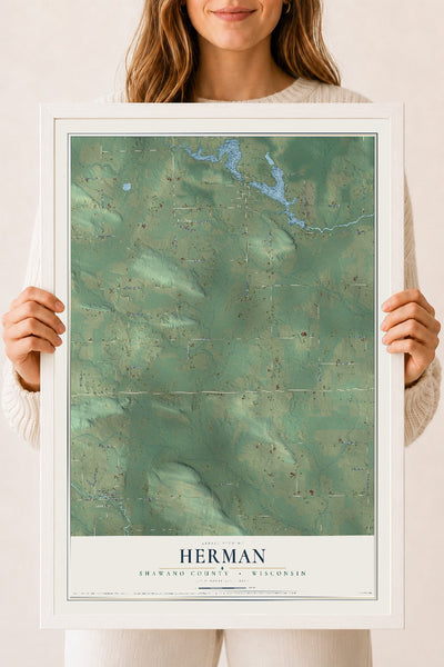 Map of Herman, Shawano County, Wisconsin, 18 x 24 inch print in a white wood frame