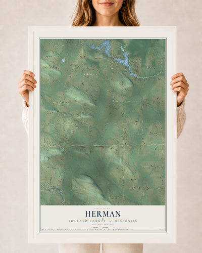 Map of Herman, Shawano County, Wisconsin, 24 x 36 inch print in a white wood frame