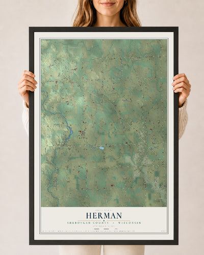 Map of Herman, Sheboygan County, Wisconsin, 24 x 36 inch print in a black wood frame