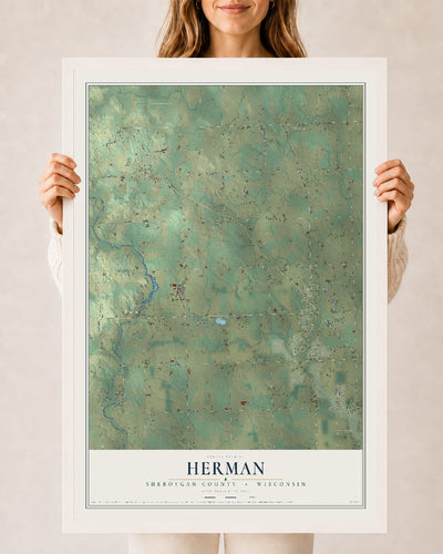 Map of Herman, Sheboygan County, Wisconsin, 24 x 36 inch print in a white wood frame