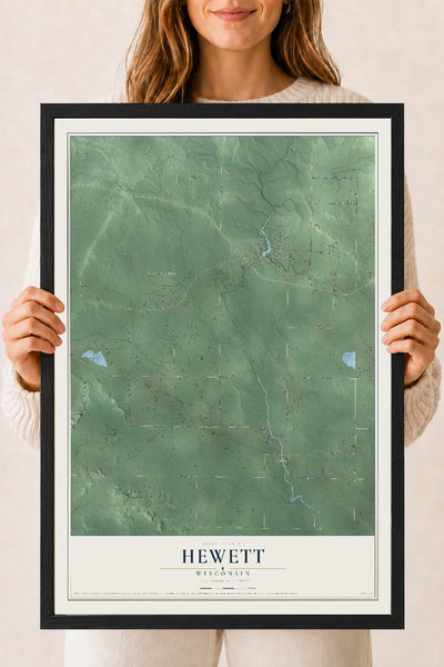 Map of Hewett, Wisconsin, 18 x 24 inch print in a black wood frame