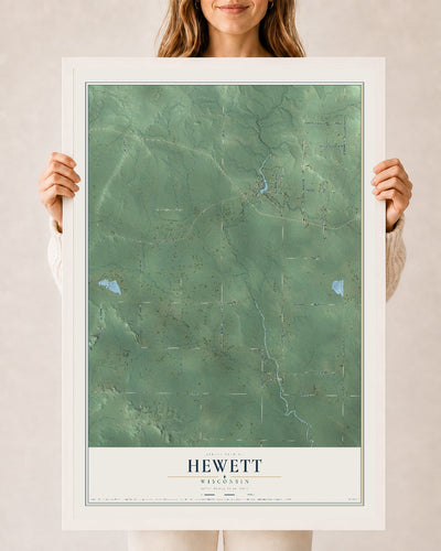 Map of Hewett, Wisconsin, 24 x 36 inch print in a white wood frame