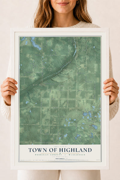 Map of the Town of Highland, Douglas County, Wisconsin, 18 x 24 inch print in a white wood frame
