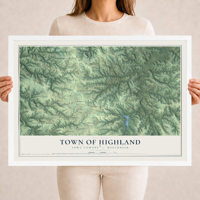 Map of the Town of Highland, Iowa County, Wisconsin, 18 x 24 inch print in a white wood frame