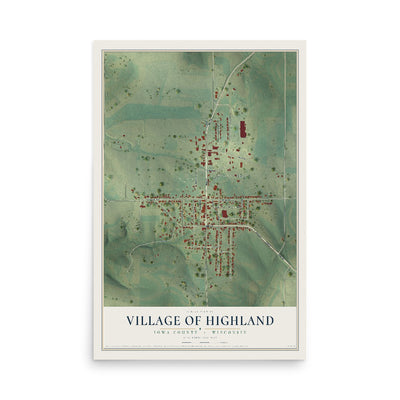 Map of Highland, Wisconsin, 12 x 18 inch unframed archival matte print