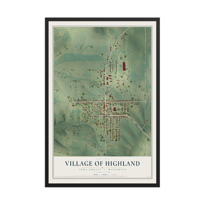 Map of Highland, Wisconsin, 12 x 18 inch print in a black wood frame