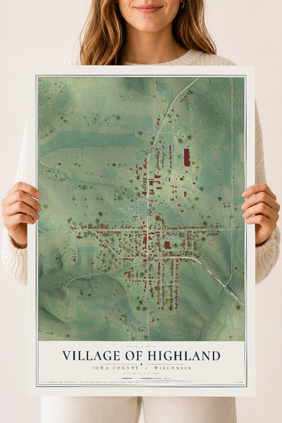 Map of Highland, Wisconsin, 18 x 24 inch unframed archival matte print